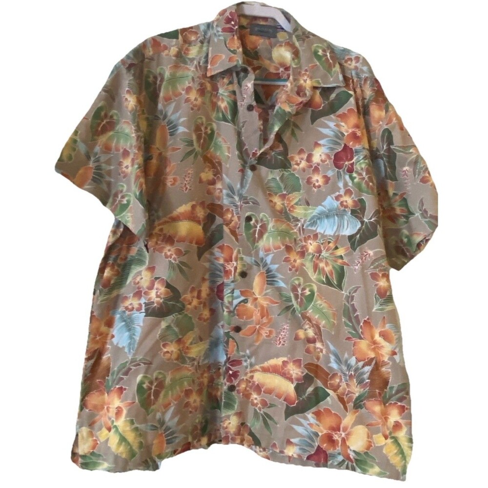 High Seas Trading hawaiian shirt Sz2XL Cotton USA Made Floral Beige Brown Green